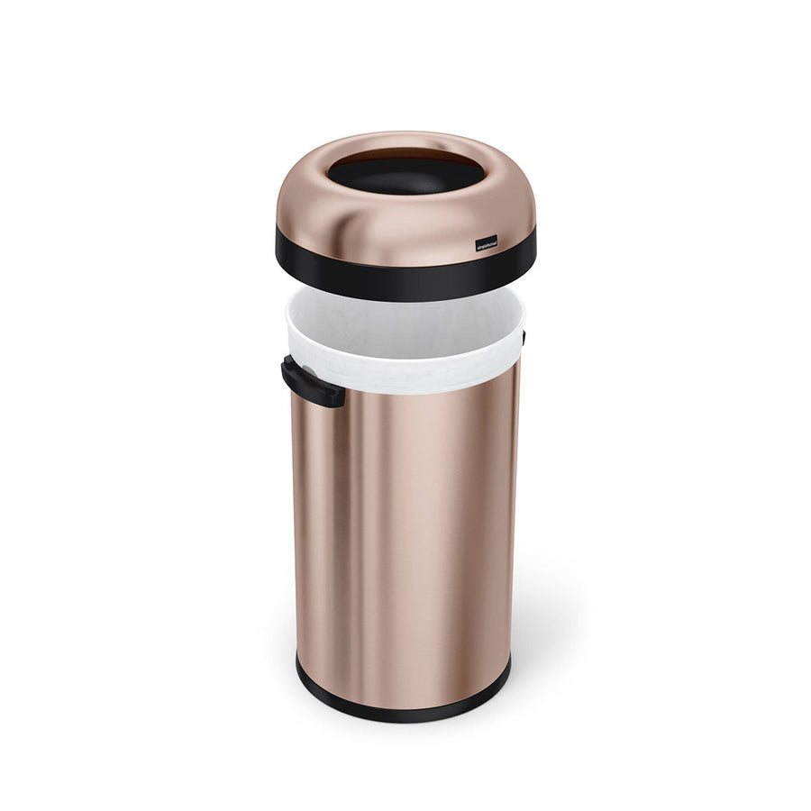 Detail view of Simplehuman 60L Bullet Open Can, Rose Gold, showing liner fit and removable dome top.