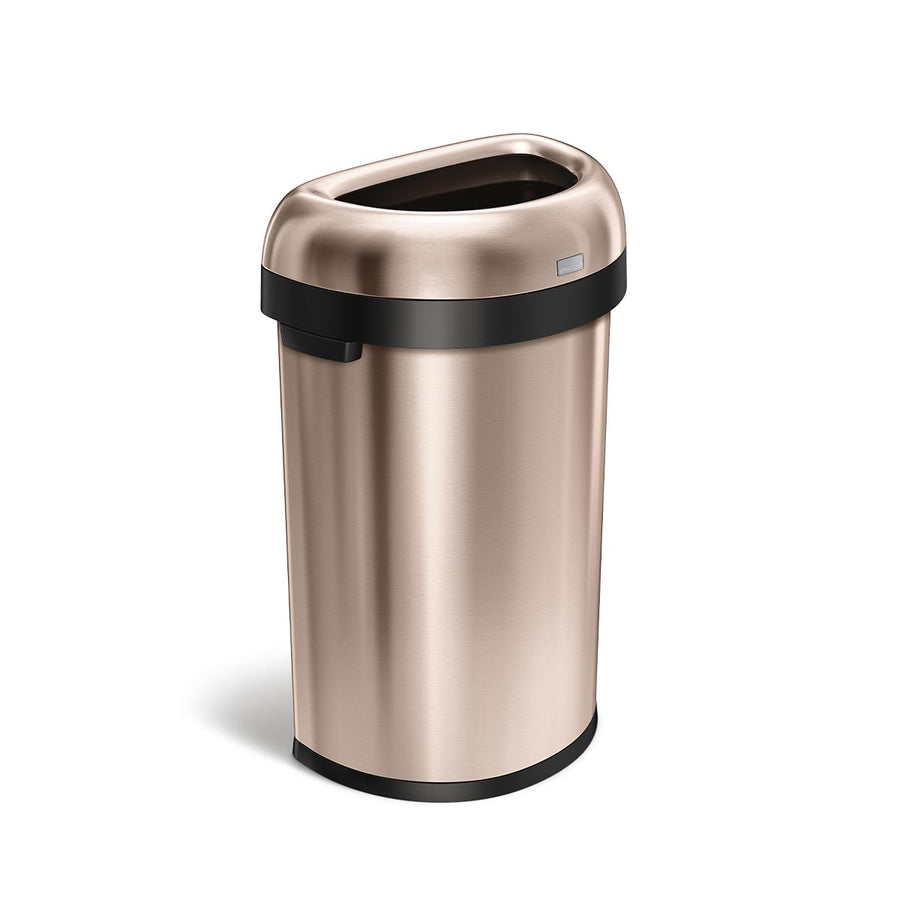 Angled view of Simplehuman 60L Semi-Round Open Can in Rose Gold, open dome top for easy disposal.