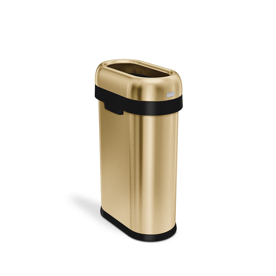 Angled view of Simplehuman 50L Slim Open Can, Rose Gold, quick disposal design with removable collar.