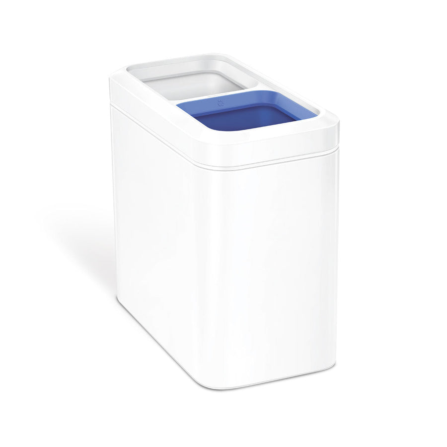 Angled view of Simplehuman White 20L Dual Compartment Slim Open Can, hands-free recycling solution.