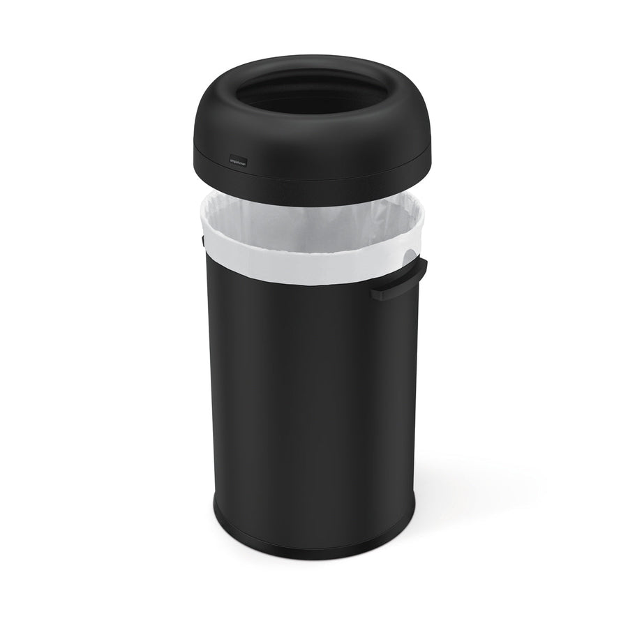 Detail view of Simplehuman 115L Bullet Open Can, Matte Black, showing removable top rim lifted for liner change.