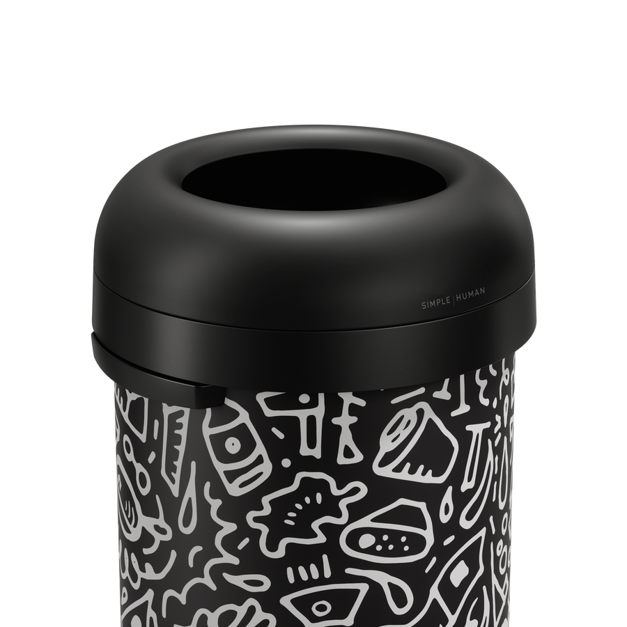 Detail view of Simplehuman 60L Bullet Open Can (Black Doodle graphic) showing the removable matte black dome lid.