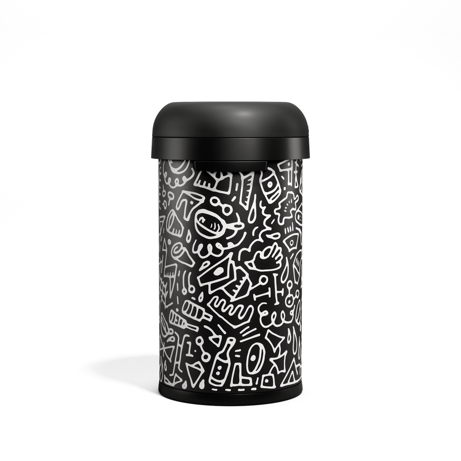 Simplehuman 60L Bullet Open Can, Black Doodle graphic by k.merz, high capacity with removable matte black dome lid.