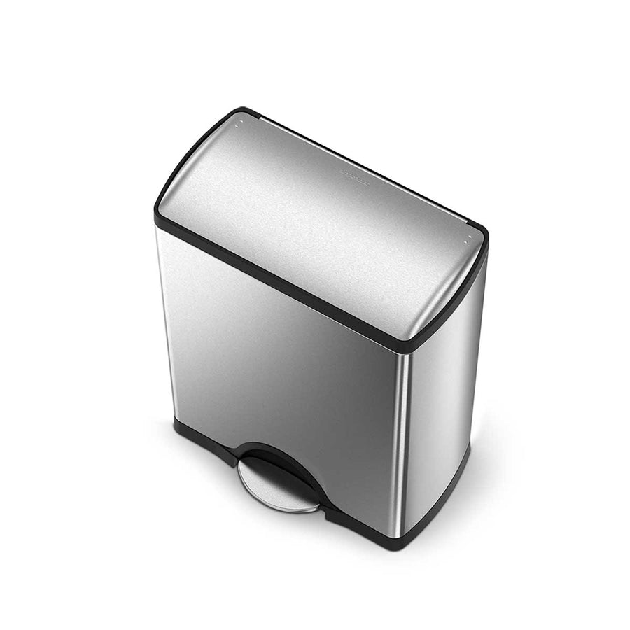Angled view of Simplehuman 46L Dual Compartment Step Can, Brushed Stainless Steel, hands-free pedal.