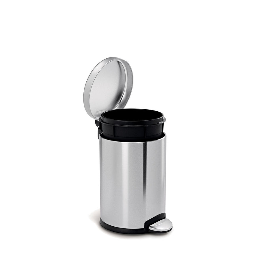 Angled view of Simplehuman 4.5L Round Step Can, Brushed Stainless Steel, showing open lid and removable liner bucket.