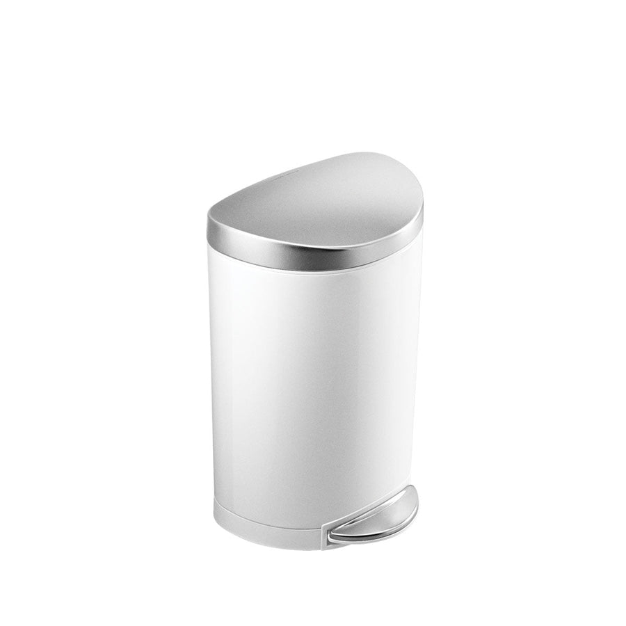 Simplehuman 10L Semi-Round Step Can in White with polished stainless steel lid, hands-free operation, space-saving design