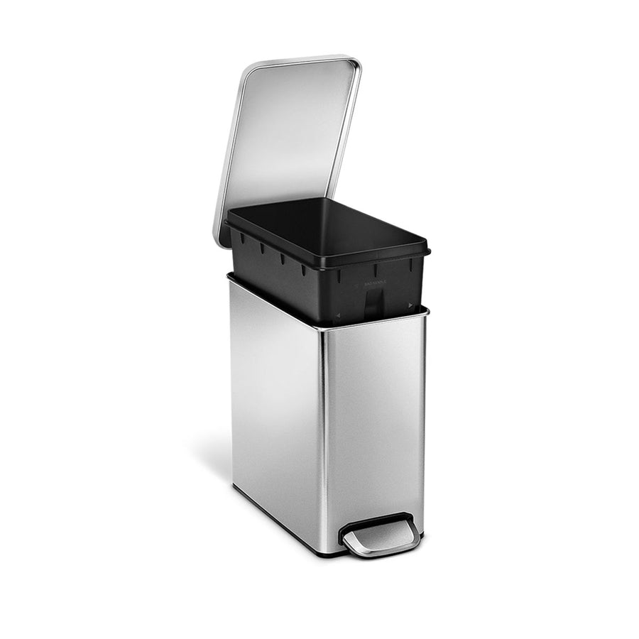 Angled view of Simplehuman 10L Profile Step Can, Brushed Stainless Steel, open to show removable liner bucket.