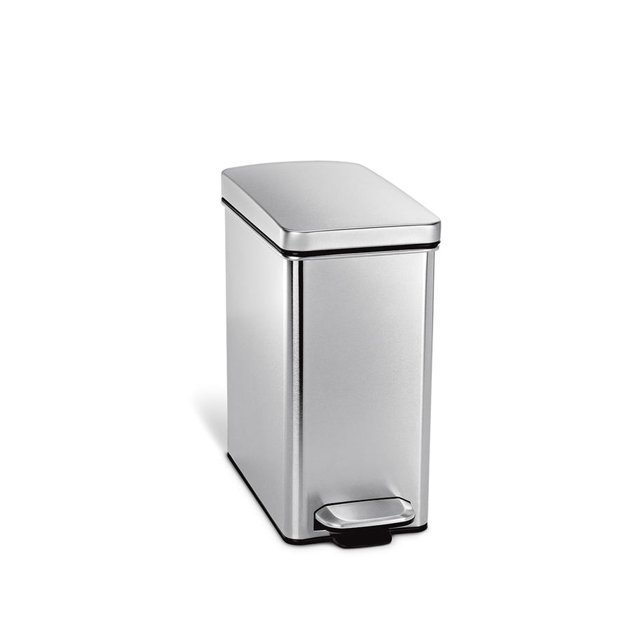 Simplehuman 10L Profile Step Can, Brushed Stainless Steel, slim design with hands-free foot pedal.