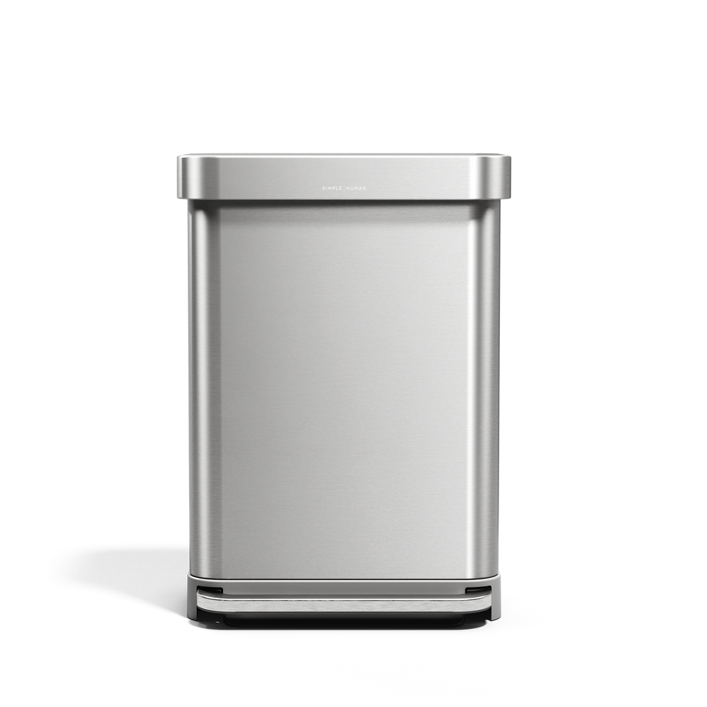 Simplehuman Brushed Stainless Steel Rectangular Step Can, straight-on view, hands-free operation.