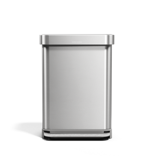 Simplehuman Brushed Stainless Steel Rectangular Step Can, straight-on view, hands-free operation.