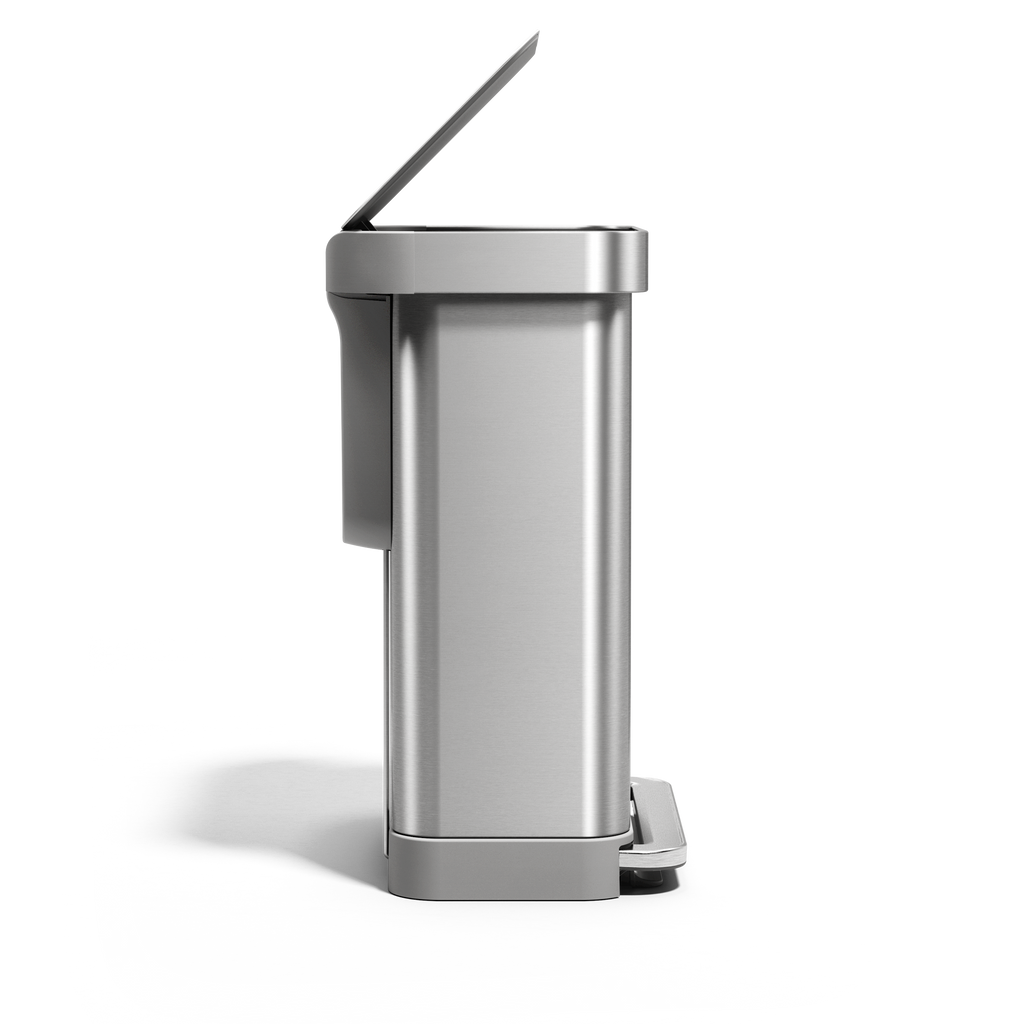 Profile view of Simplehuman 55L Rectangular Step Can in Brushed Stainless Steel with hands-free foot pedal.