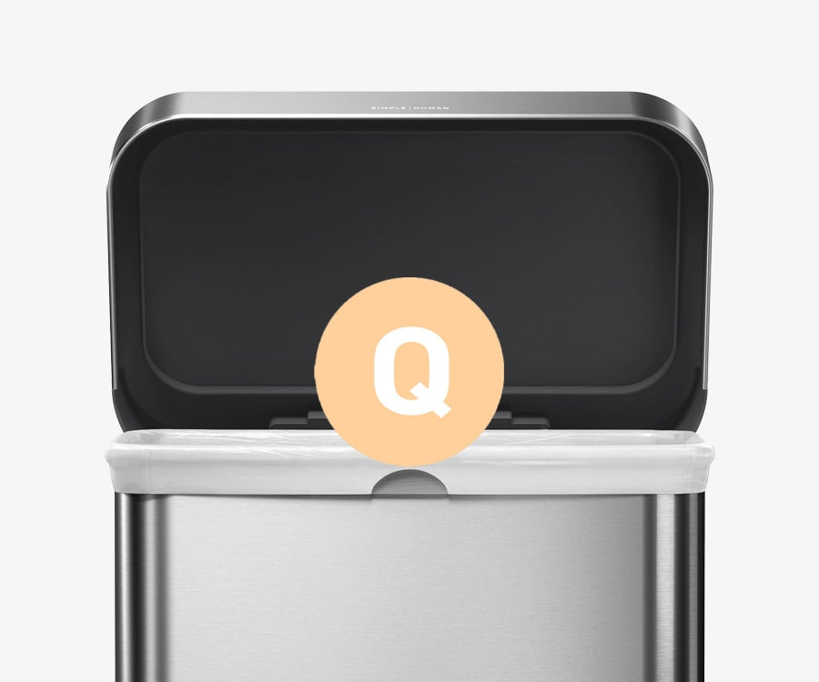 This image showcases Simplehuman's 58L Step Can in Brushed and how it uses Code Q Custom Fit Liners which has an orange bubble with the letter Q in the middle.