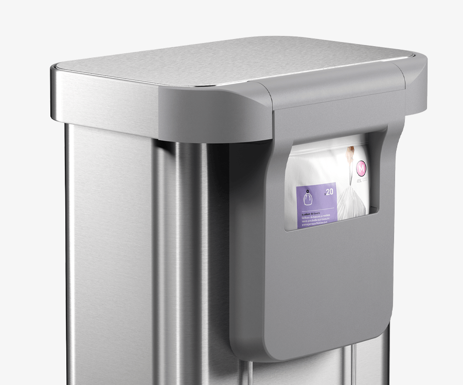 Simplehuman's 45L Step Can in Brushed has a storage area at the back of the can where liners can be stored perfectly for easy changes. 