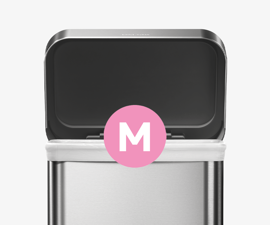 Simplehuman's 45L Step Can in Brushed fits perfectly with Simplehuman's Code M Custom Fit Liners. The Code M Liner is denoted by the pink circle in the center of the can with the letter M. 
