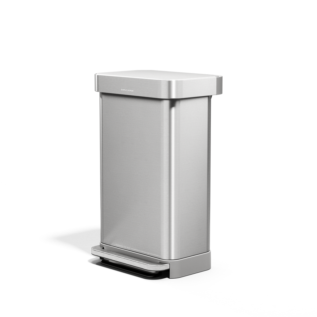 Angled view of Simplehuman 45L Brushed Stainless Step Can with hands-free pedal and liner pocket.