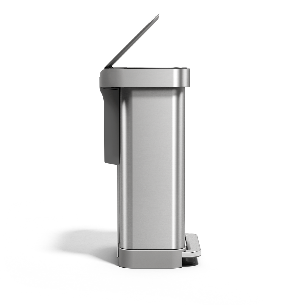 Side view of Simplehuman 45L Brushed Stainless Steel Step Can with lid open, hands-free pedal, and liner pocket.
