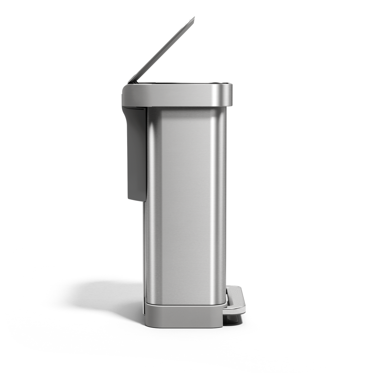 Side view of Simplehuman 45L Brushed Stainless Steel Step Can with lid open, hands-free pedal, and liner pocket.