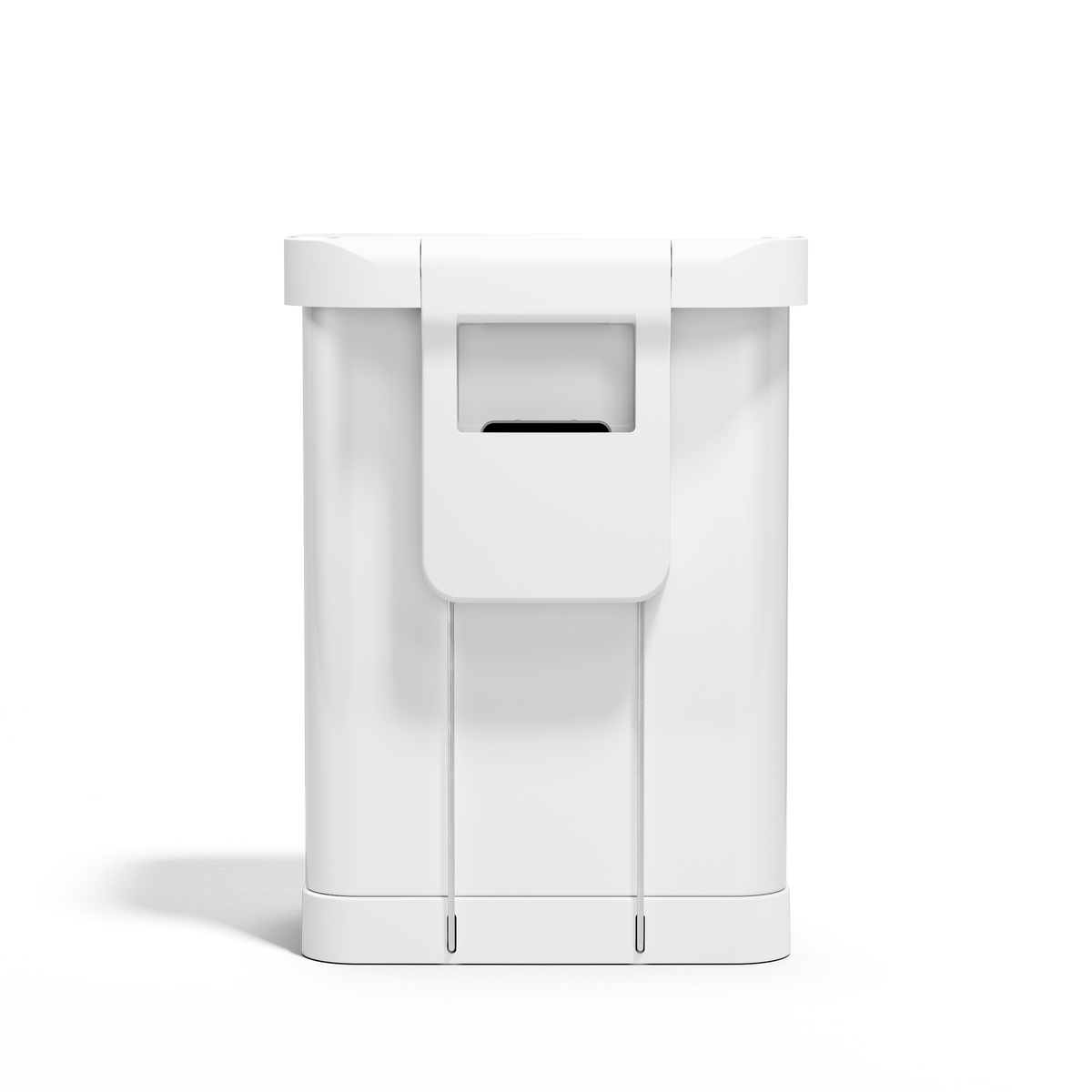 Simplehuman 55L Rectangular Step Can in White, back view showing the liner pocket dispenser for easy refills.