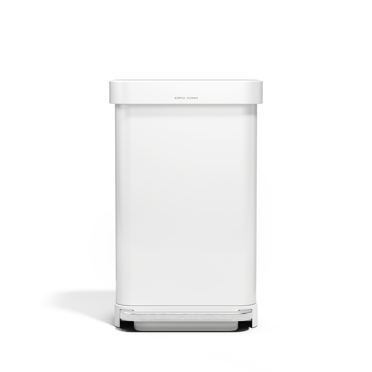 Front view of Simplehuman 45L White Step Can, hands-free pedal, liner pocket.