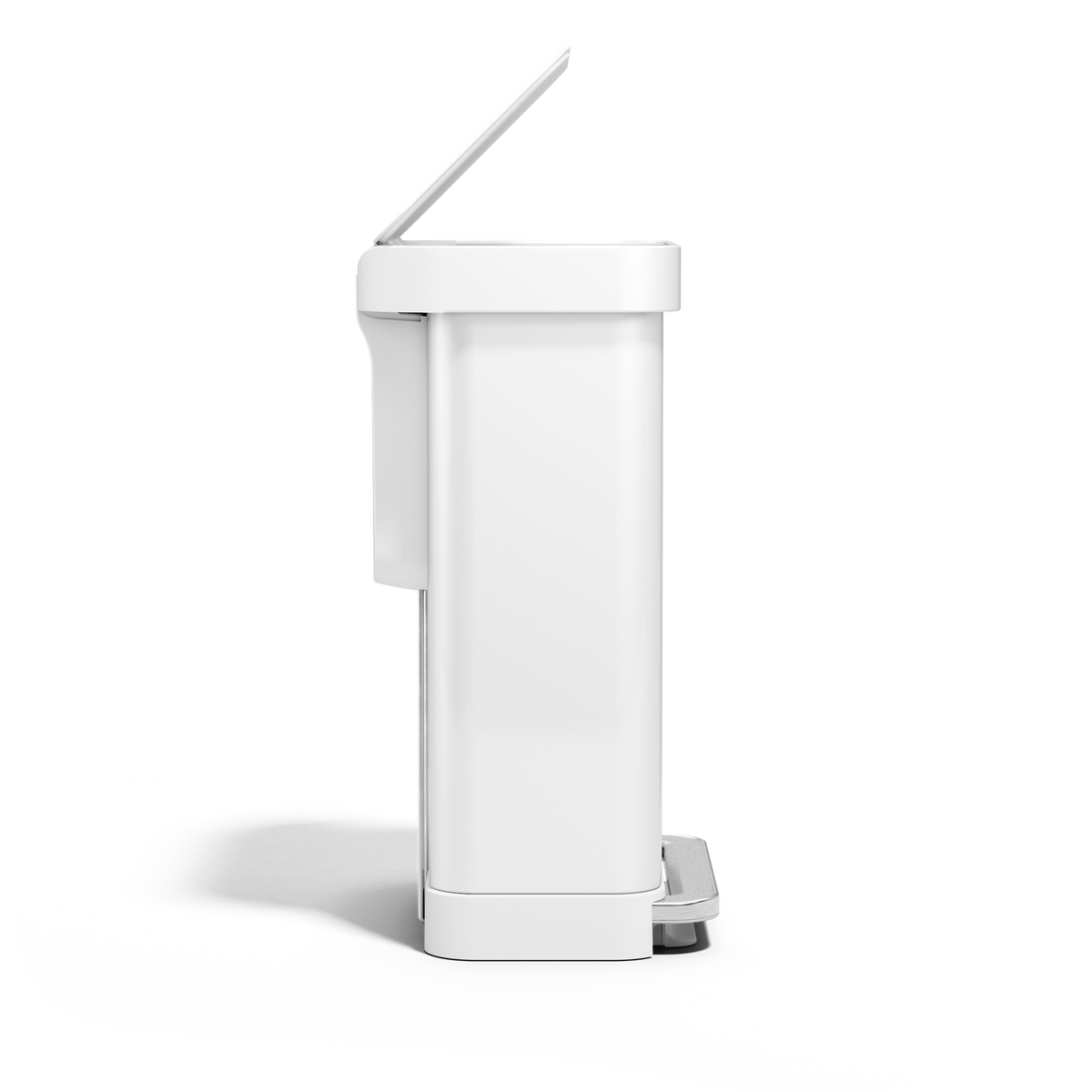 Strict side view of Simplehuman 45L White Step Can with lid open, hands-free step pedal.