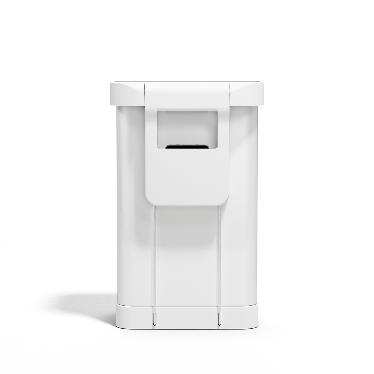 Back view of Simplehuman 45L White Rectangular Step Can showing the integrated handle.