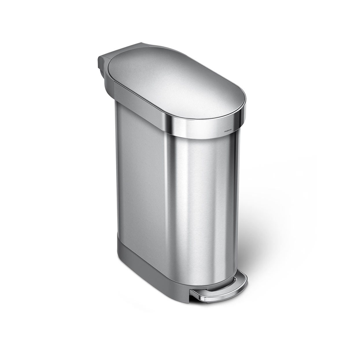 Simplehuman 45L Slim Step Can in Brushed Stainless Steel with liner rim, hands-free foot pedal.