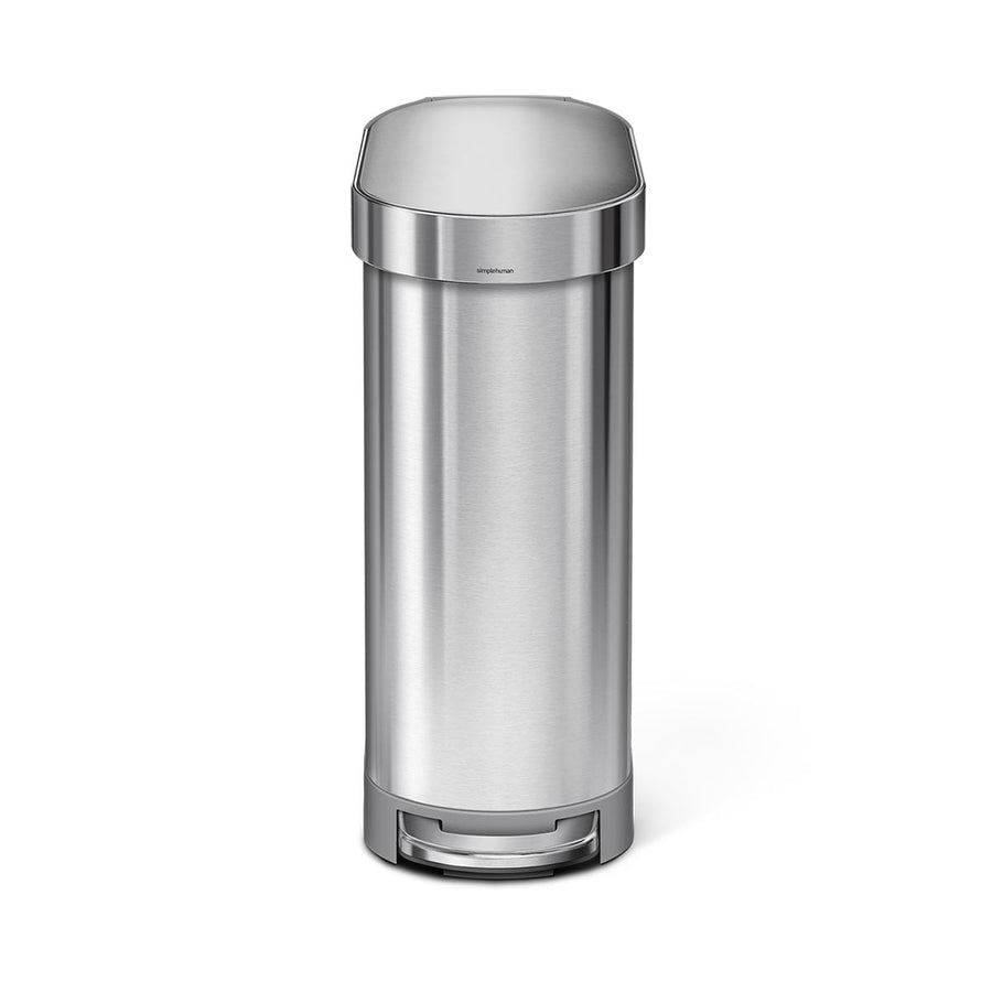 Angled view of Simplehuman 45L Slim Step Can in Brushed Stainless Steel, space-saving design with hands-free foot pedal.