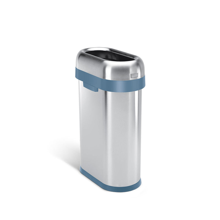 Simplehuman 50L Slim Open Can, Brushed Stainless Steel with Blue accent collar, fixed open lid.
