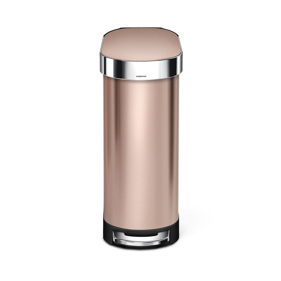 Simplehuman Front view of 45L Slim Step Can in Rose Gold with polished chrome accents and hands-free pedal.