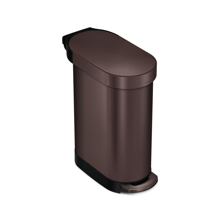 Simplehuman 45L Slim Step Can, Bronze finish, slim design with hands-free step pedal.