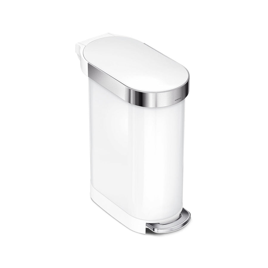 Simplehuman 45L Slim Step Can in White with polished liner rim and hands-free foot pedal.