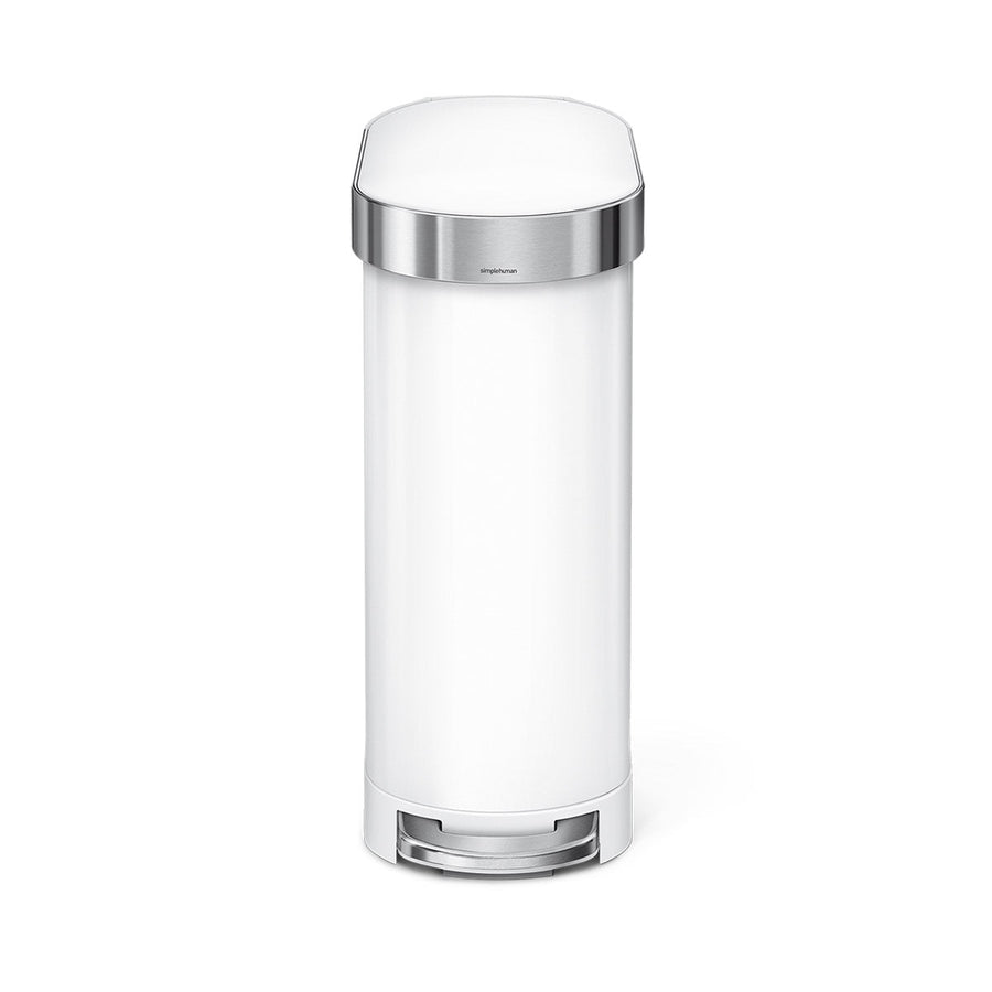 Front view of Simplehuman 45L Slim Step Can in White with polished liner rim, hands-free operation.