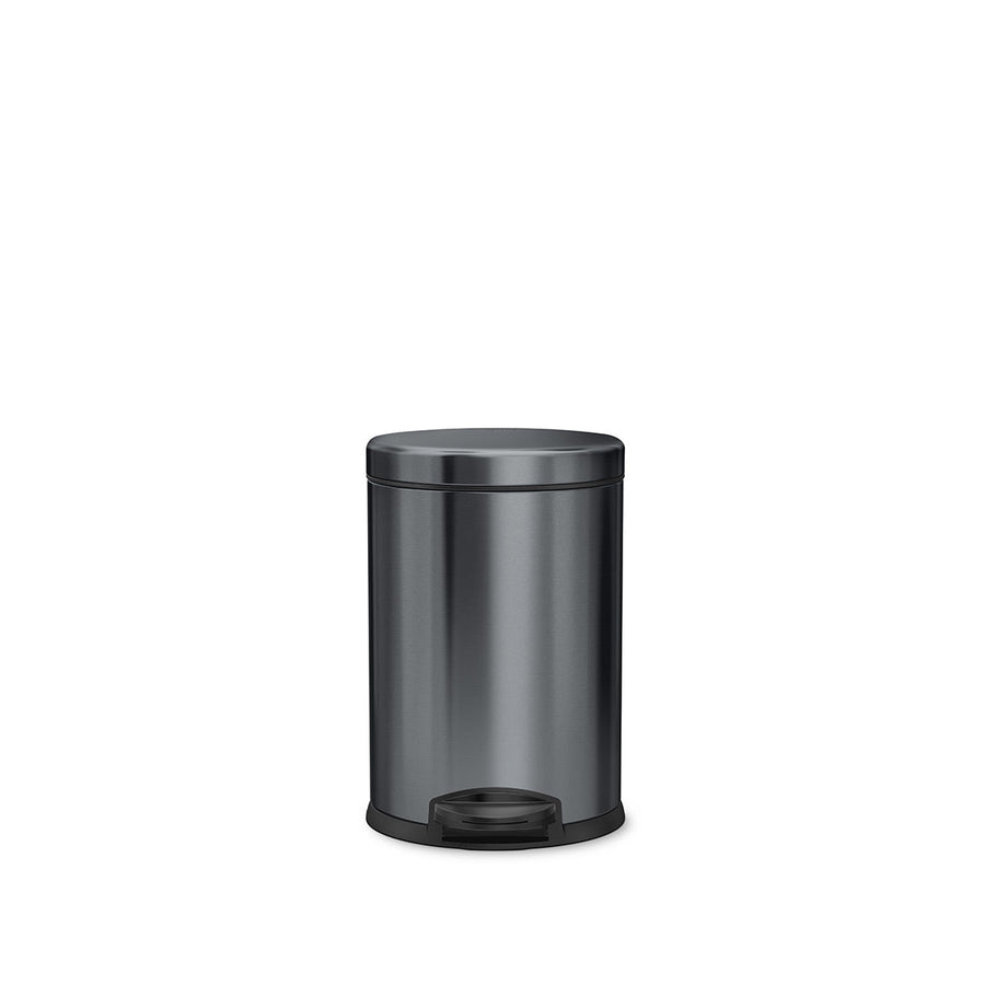 Front view of Simplehuman 4.5L Round Step Can in Matte Black finish, hands-free pedal operation.