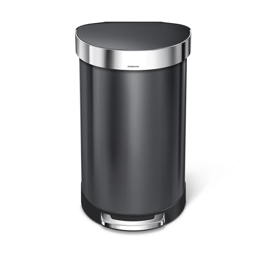 Front view of Simplehuman 45L Semi-Round Step Can in Dark Bronze Stainless Steel, liner rim, hands-free pedal.