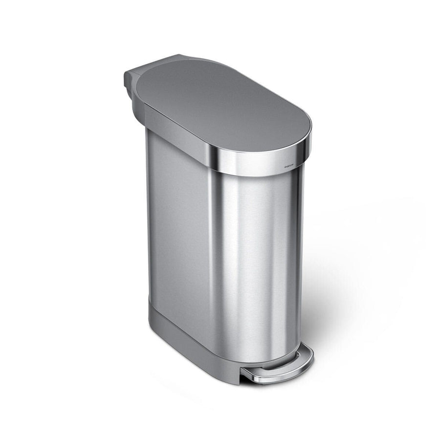 Angled view: Simplehuman 45L Slim Step Can in Brushed Stainless Steel, hands-free step pedal.