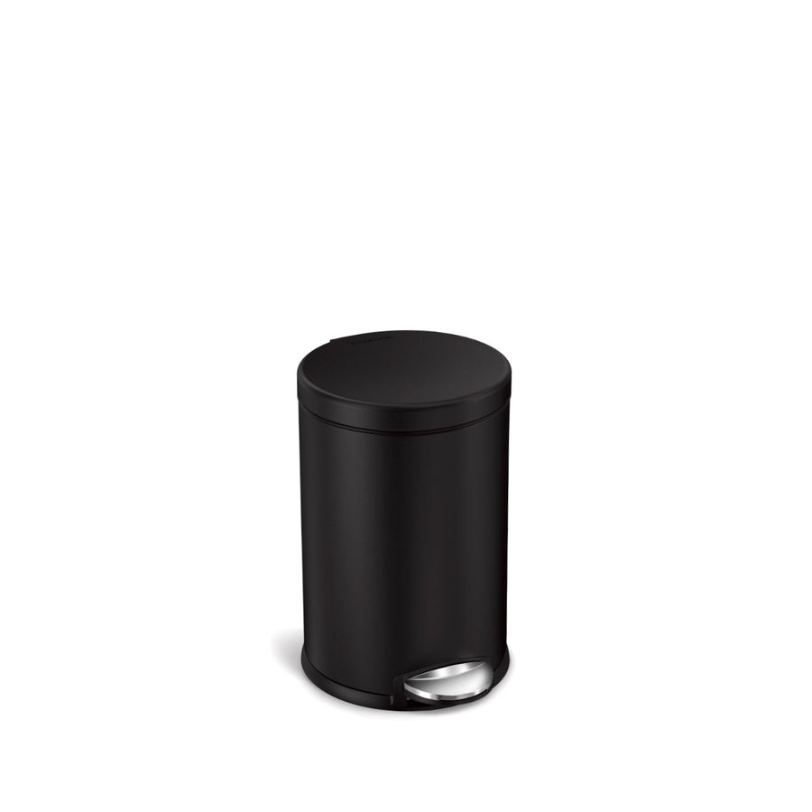 Angled view of Simplehuman 4.5L Round Step Can in Matte Black, hands-free pedal operation.