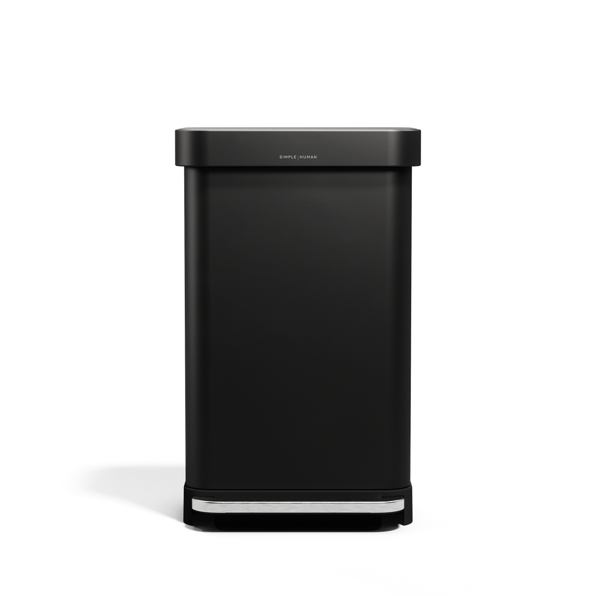 Front view of Simplehuman 45L Rectangular Step Can in Matte Black, hands-free pedal, liner pocket.