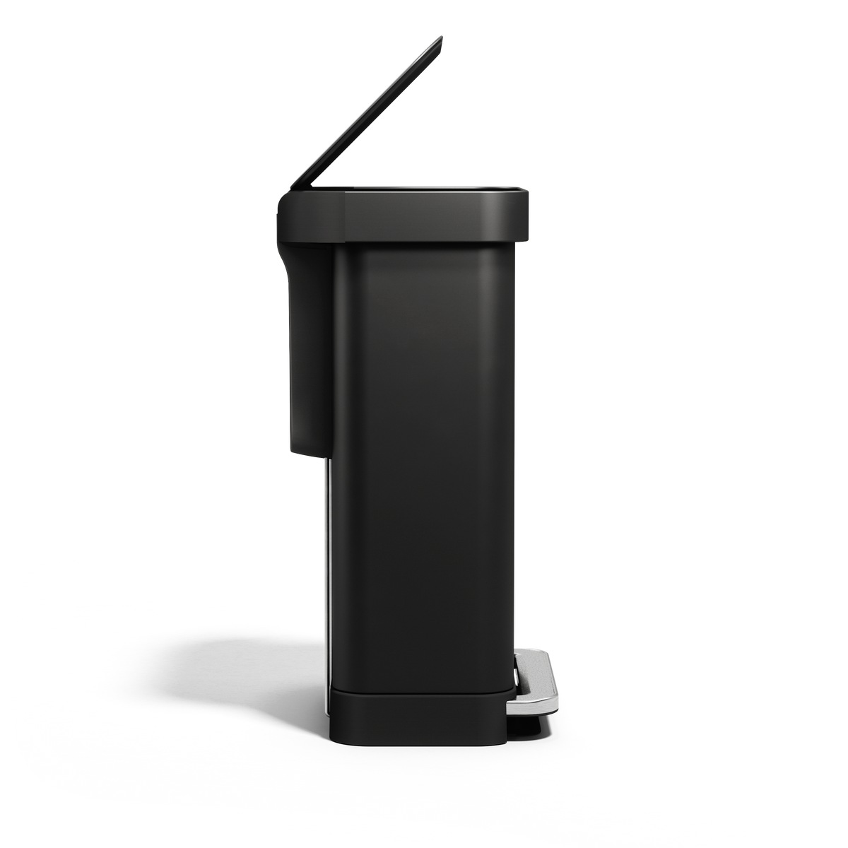 Side view of Simplehuman 45L Matte Black Step Can with lid open, hands-free step pedal.