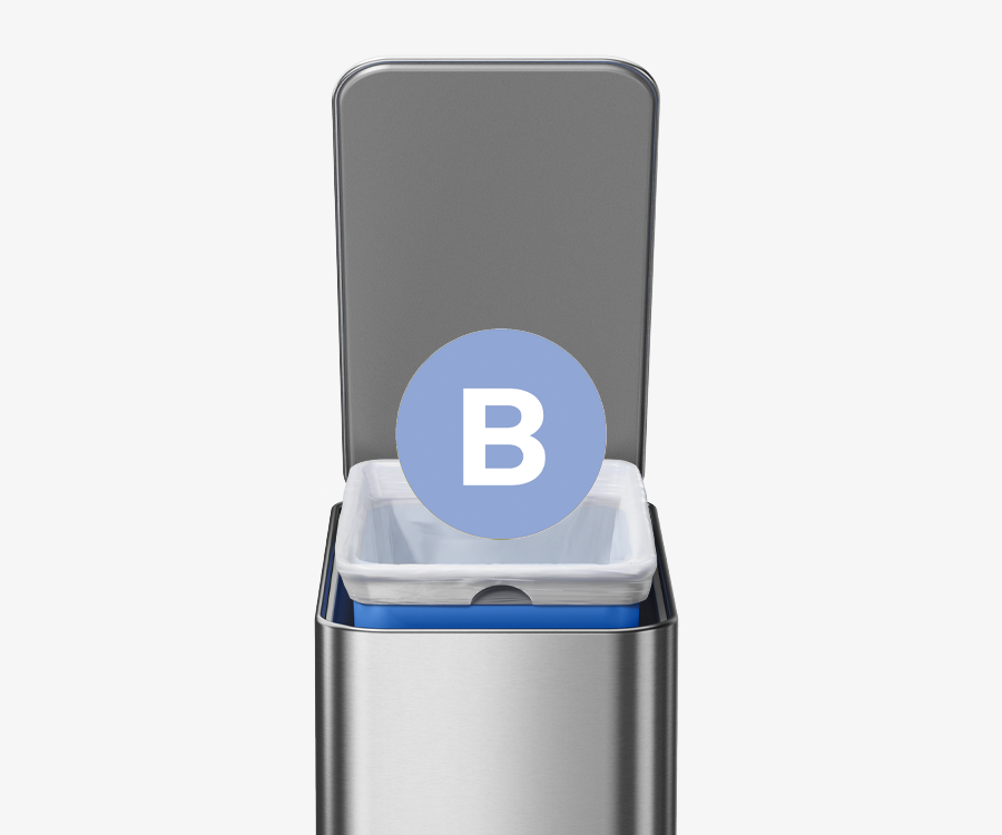This image showcases the 5L Slim Step Can in Brushed and how it uses Simplehuman's Code B Custom Fit Liners in White.
