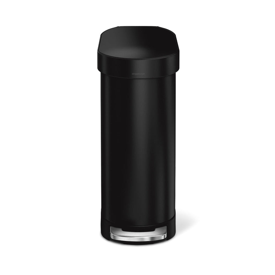Angled view of Simplehuman 45L Slim Step Can, Matte Black, with Stainless Steel pedal, hands-free operation.