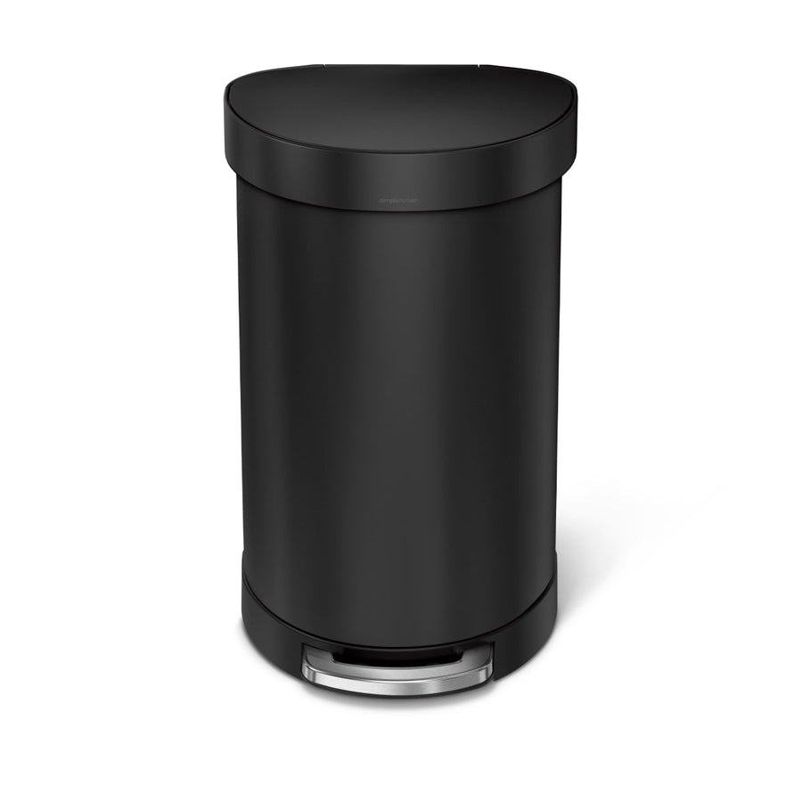 Front studio view of Simplehuman 45L Step Can in Matte Black, hands-free pedal and liner rim.