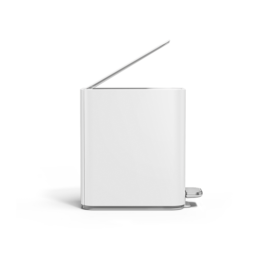 Simplehuman 5L Slim Step Can, White, front view with open lid, hands-free operation and slim design.