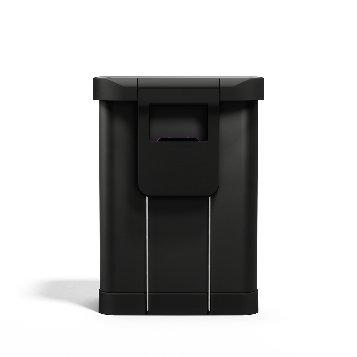 Simplehuman 55L Rectangular Step Can, Matte Black back view showing liner pocket dispenser.