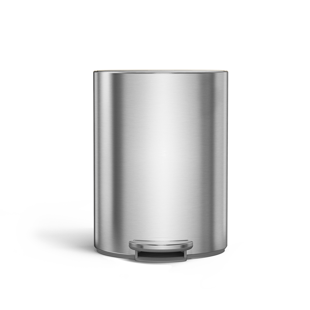 Simplehuman 6L Semi-Round Step Can, Brushed Stainless Steel, front view, durable steel pedal for hands-free use.