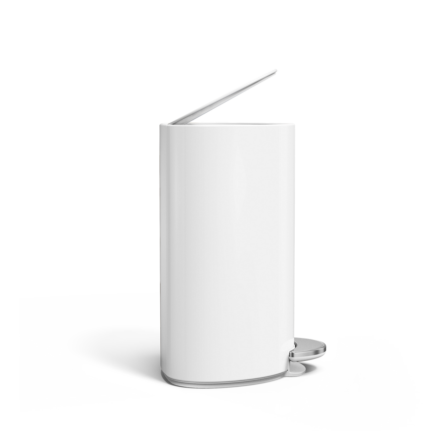 Simplehuman White 6L Semi-Round Step Can, low-angle view emphasizing space-saving design and hands-free pedal.