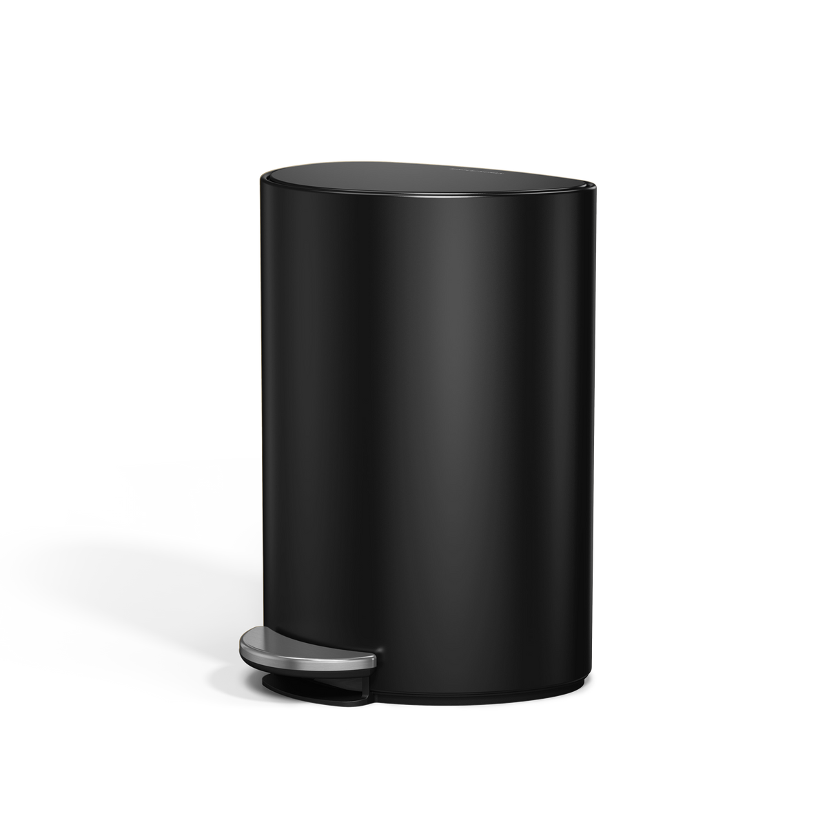 Simplehuman 6L Semi-Round Step Can in Matte Black, space-saving design with durable stainless steel pedal.