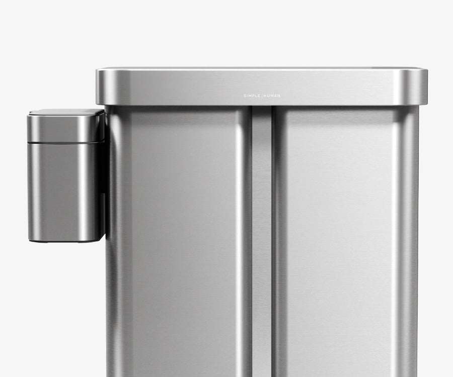 Front view of Simplehuman's Brushed Step Recycler with an optional Compost Caddy docked to the left side of the can.