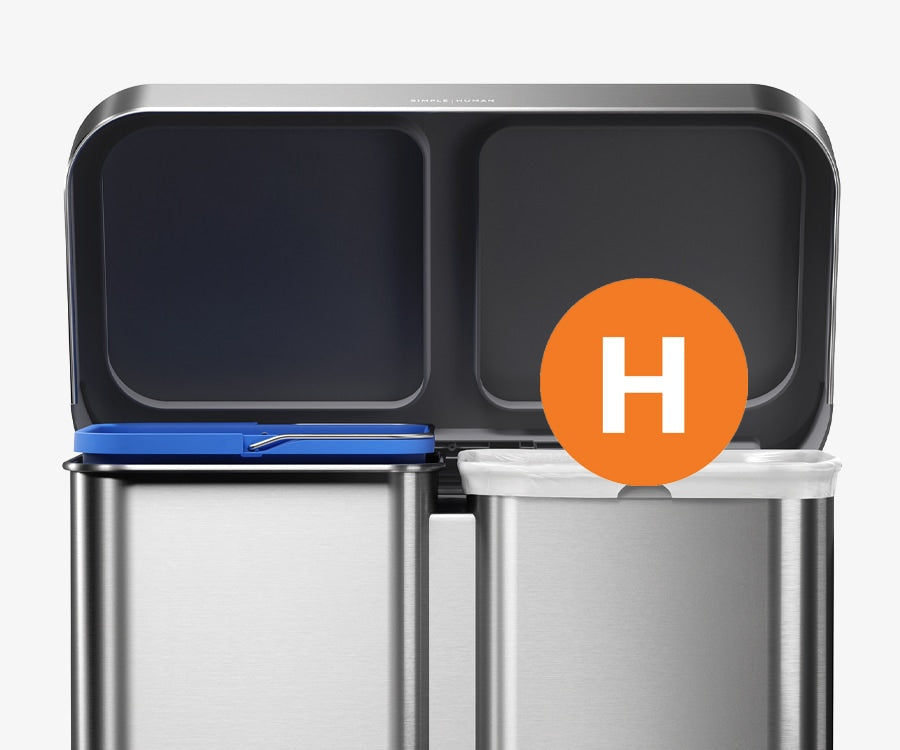 This image showcases Simplehuman's 58L Step Recycler in Brushed and how it uses Code H Custom Fit Liners which has an orange bubble with the letter H in the middle.