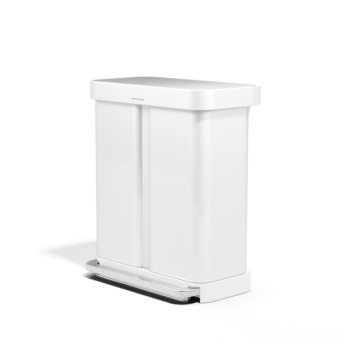 Angled view of Simplehuman 58L Step Recycler in White, dual compartments, with brushed metal foot pedal.