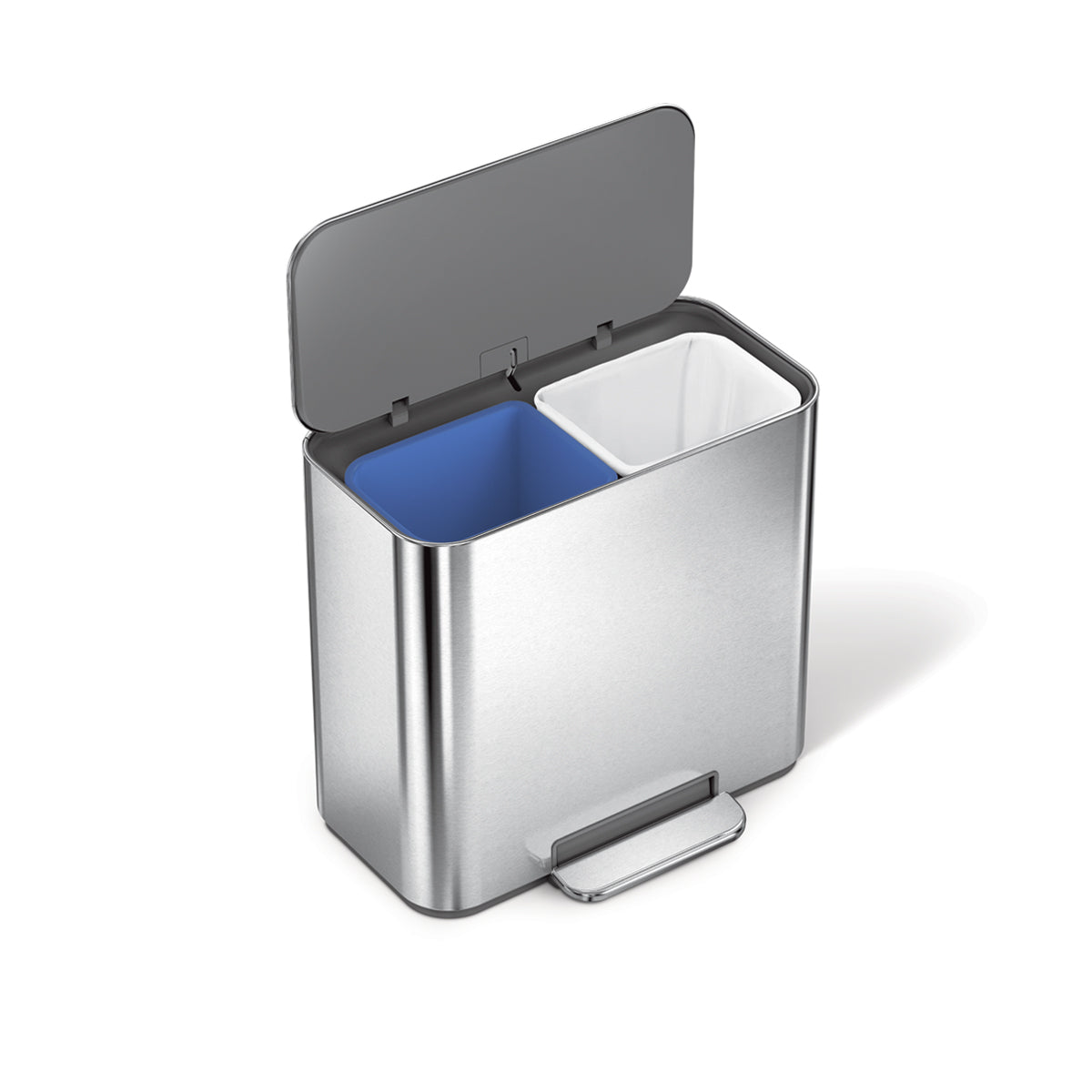Simplehuman 15L Mini Recycler Step Can, Polished Stainless Steel, Angled view, open to reveal sorting bins.